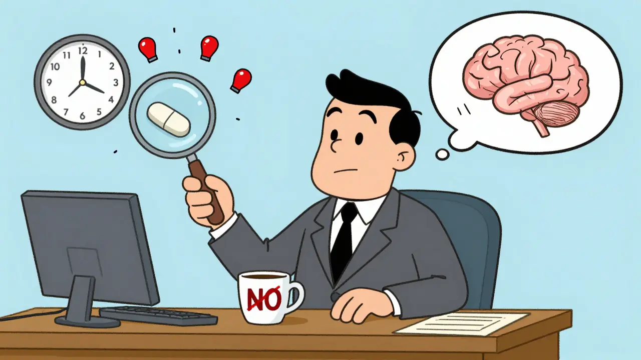 Muž u stolu s vyškrtnutou kávou, vedle něj magnézium a čtvercové dýchání v myšlenkách.