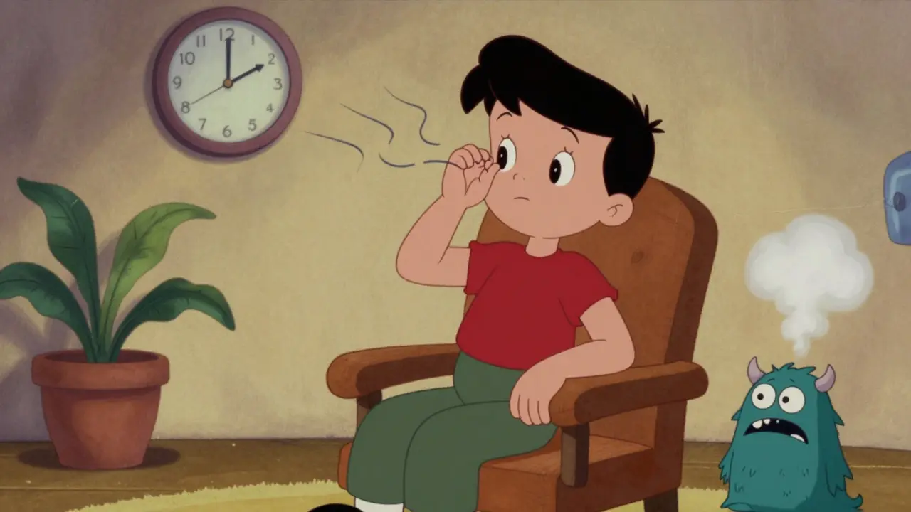 Osoba dýchá podle techniky 4-7-8, zatímco malý strach mizí jako kouř.