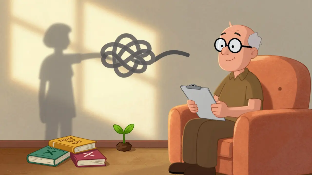 Osoba hovoří s terapeutem na křesle, stín se mění z uzlu na klidnou postavu.