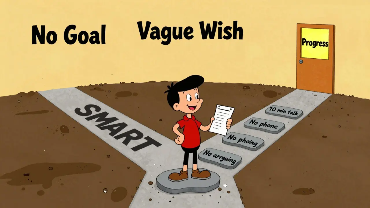 Osoba na rozcestí s cestami k různým cílům, SMART cíl vede k světlu.