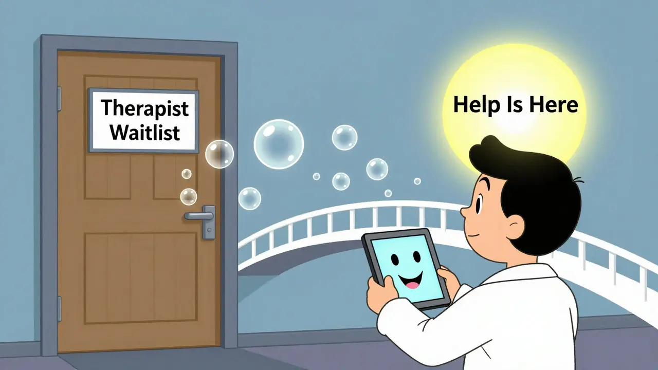 Osoba používá tablet s digitálním terapeutou, zatímco most z dechových kruhů vede k pomoci.