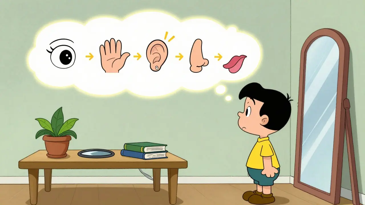 Osoba používá techniku zemnění s viditelnými pěti smysly aktivovanými kolem sebe.