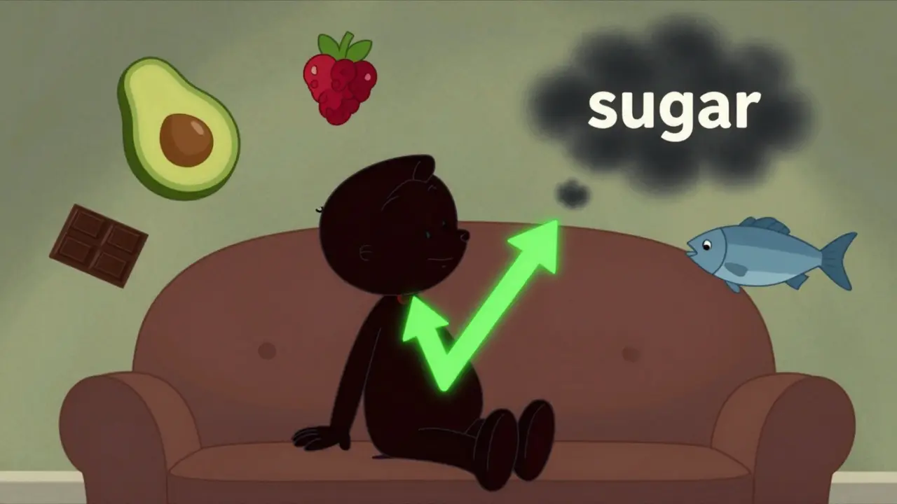 Osoba sedí s zdravými potravinami, zatímco cukr je odnášen větrem, znázorňující vliv stravy na náladu.