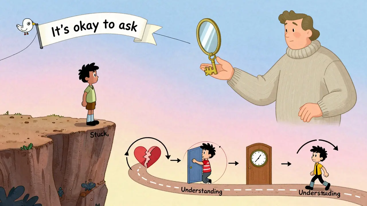 Osoba stojí na okraji útesu, terapeut jí nabízí zrcadlo jako klíč k úniku z cyklu.