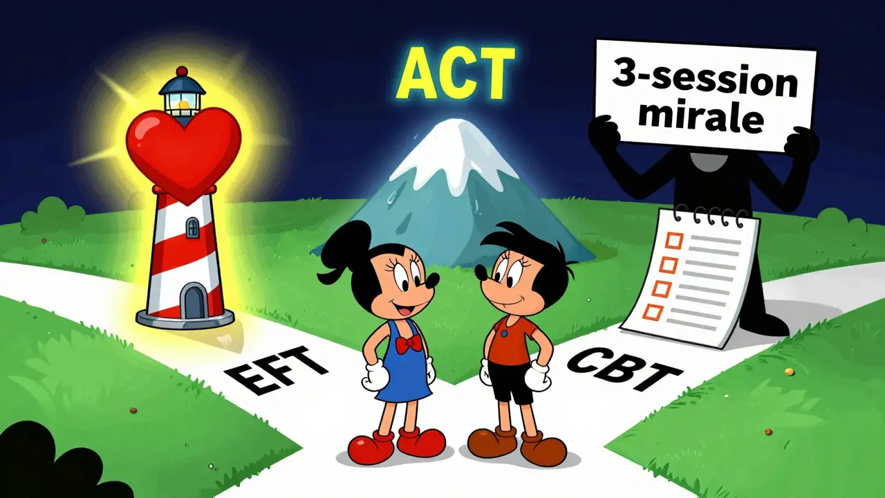 Pár volí mezi třemi přístupy terapie, každý s vlastní symbolickou cestou.