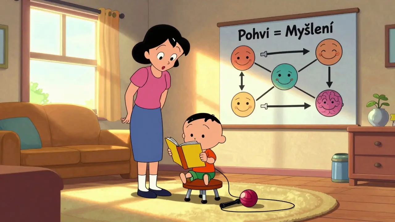 Rodič a dítě spolu v bytě, dítě čte stojíce, na stěně je barevný plán dne s ikonami pohybu a klidu.