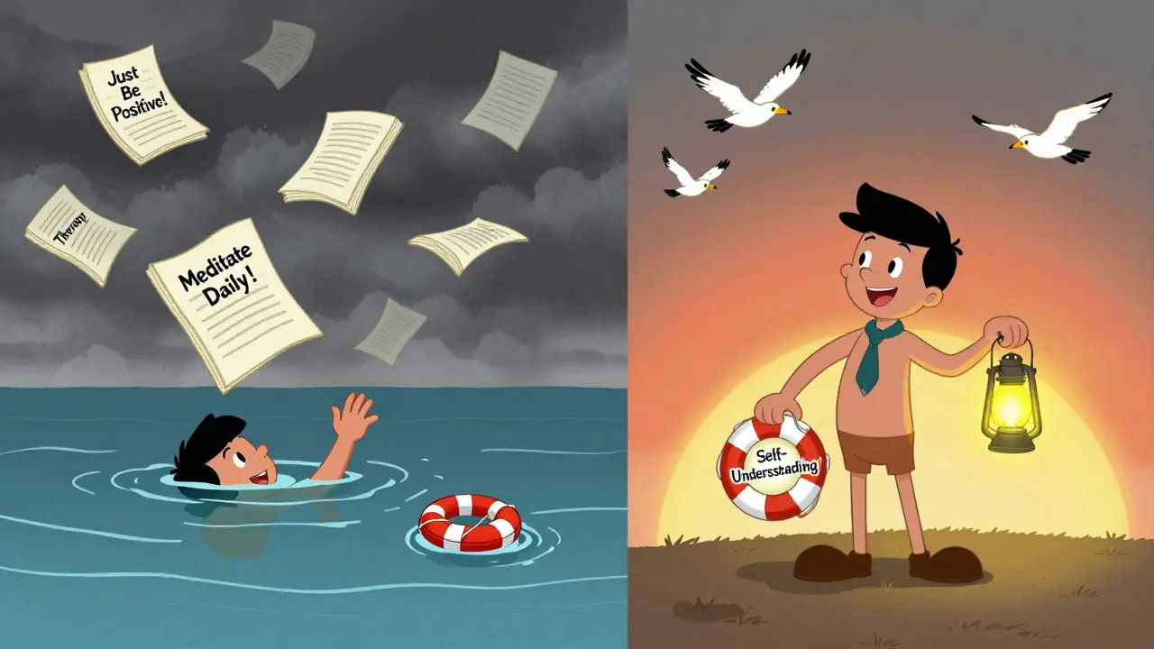 Rozdělený obrázek: jedna strana s potápějící se osobou, druhá s osobou světelné lanterny.