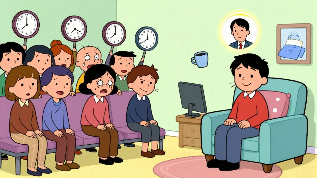 Rozdělený scénář: napětí v čekárně vs. klid doma při online terapii s teplým světlem a pohodlnými prvky.