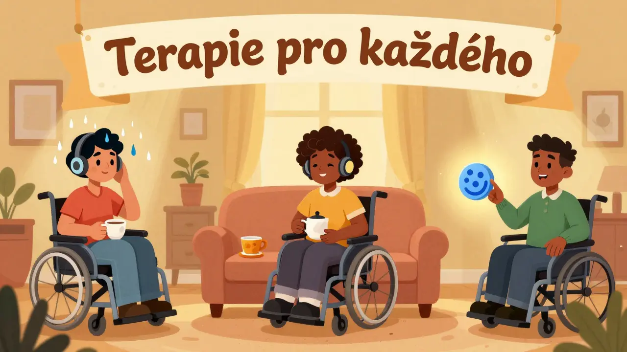 Různí klienti s postižením používají personalizované online terapeutické nástroje doma, všechny scény jsou propojeny teplým světlem inkluzivity.
