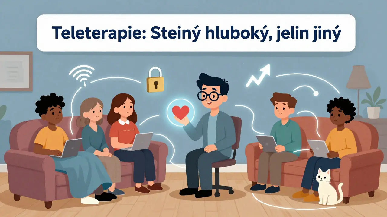 Různí klienti v domácích prostředích jsou spojeni s terapeutem světelnými čarami, symbolizující přístupnost teleterapie.