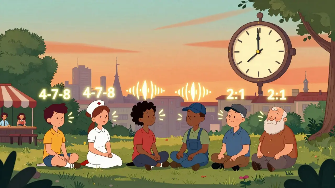 Různí lidé dýchají v parku, jejich dechy jsou vidět jako vlny, hodiny se pomalu otáčejí.