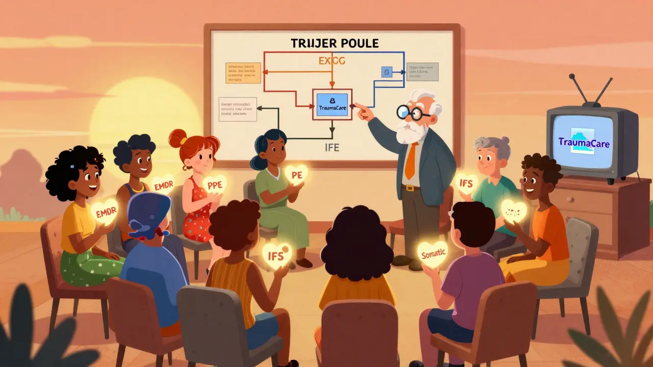 Skupina lidí v terapii drží symbolické srdce různých terapeutických metod pod dohledem terapeuta.