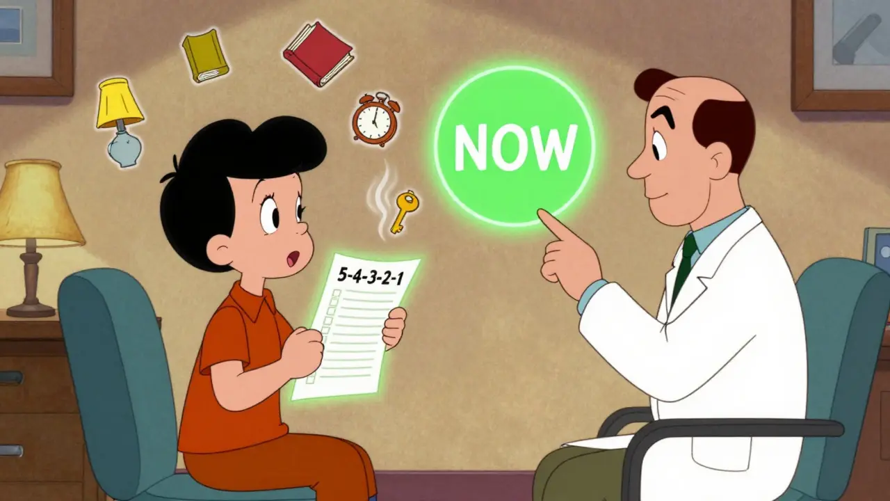 Terapeut a klient spolu pracují na technice 5-4-3-2-1 s vizuálními nápovědami.