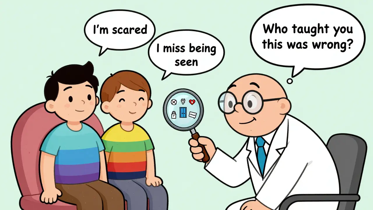 Terapeut s lupou ukazuje na symboly stigmatizace, které obklopují pár.