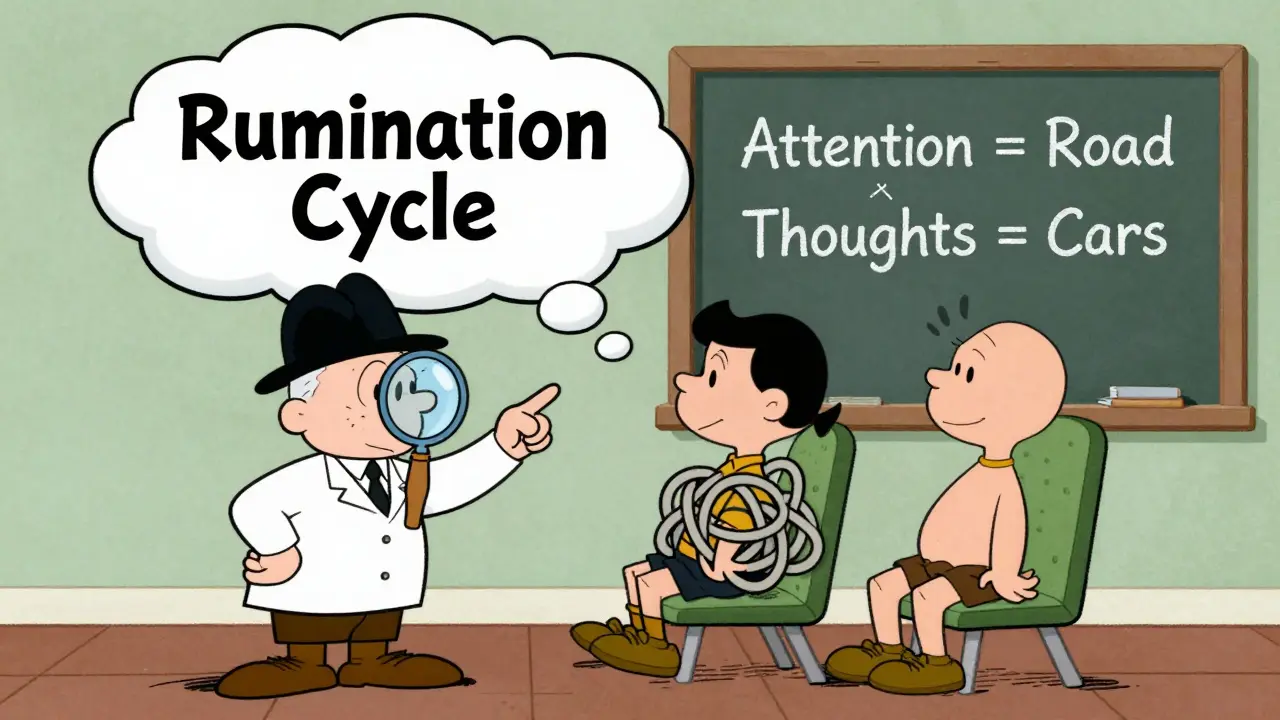 Terapeut ukazuje na kruhový cyklus ruminací, zatímco klient se uvolňuje.