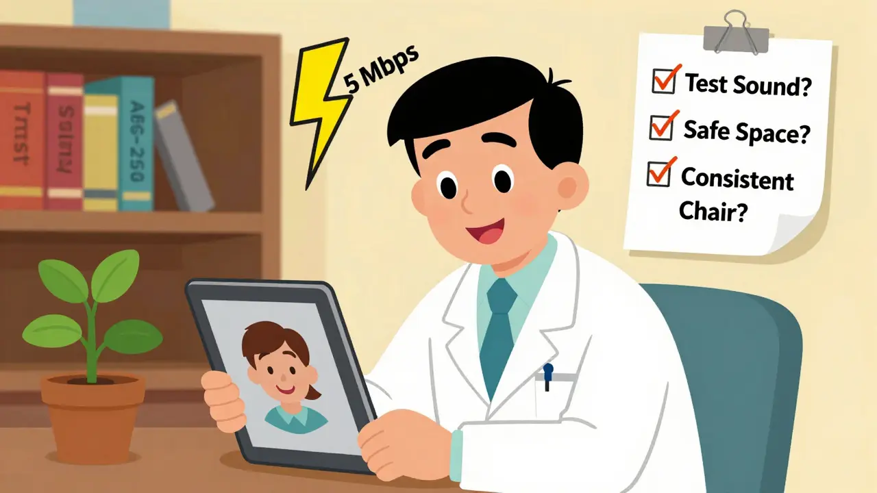 Terapeut ukazuje na tablet s klientem, za ním knihy o bezpečnosti a kontrolní seznam pro online terapii.