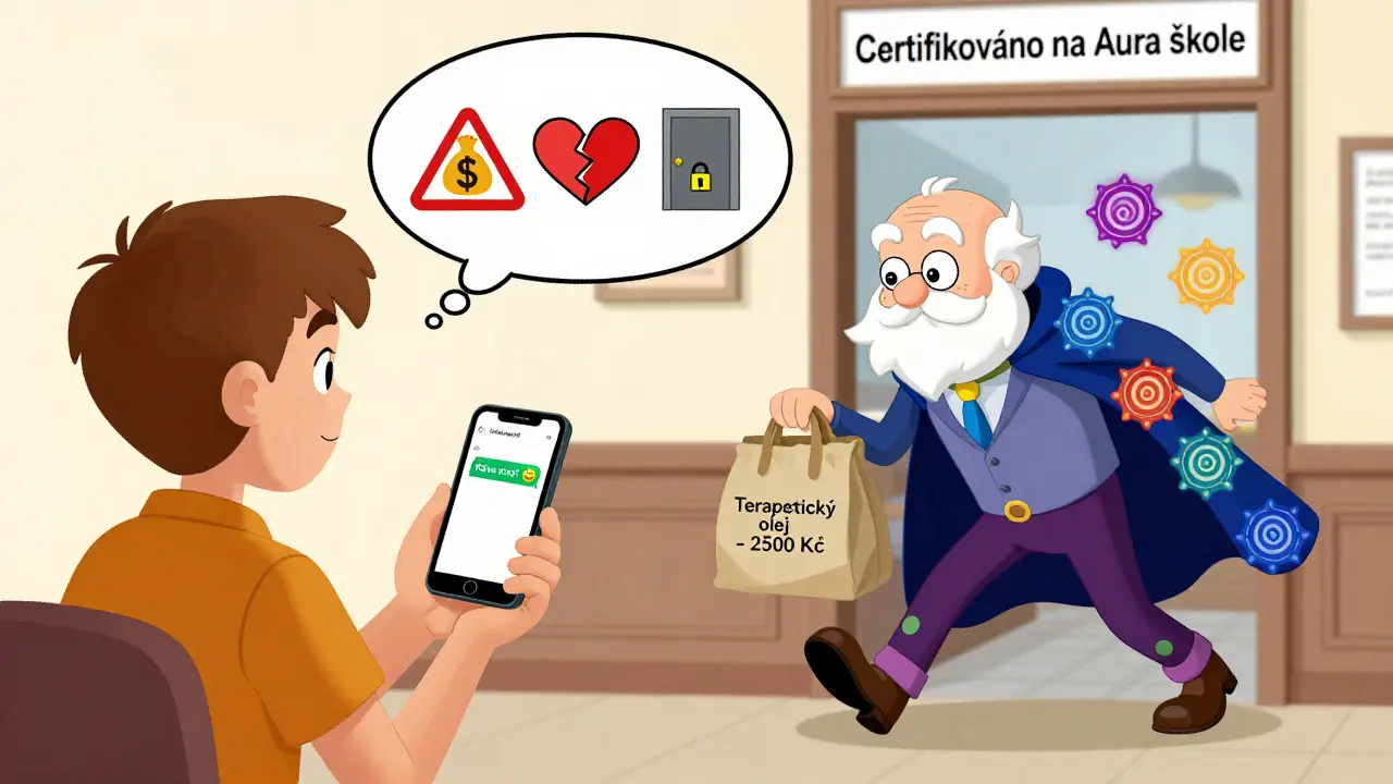 Terapeut v kavárně posílá neetickou zprávu na WhatsApp s prodejem oleje.