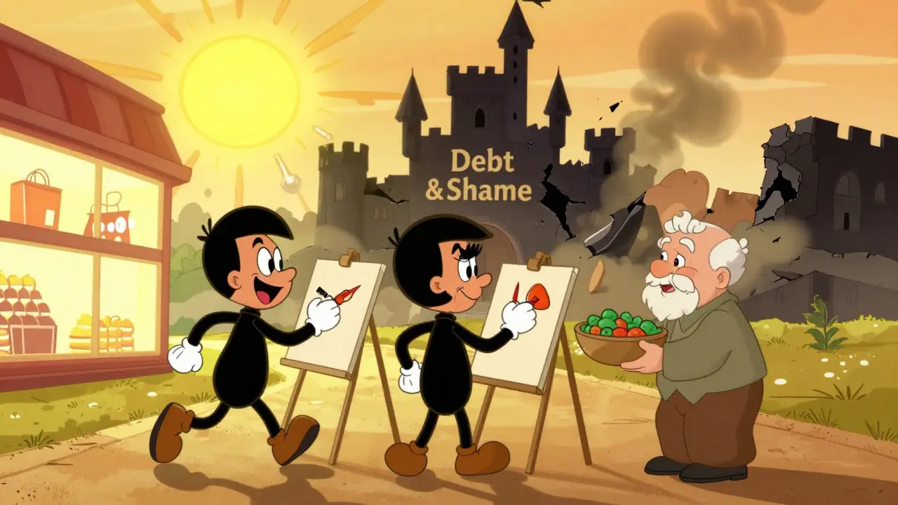 Tři lidé míří ke světlu – běží, malují, pomáhají – za nimi se řítí zřícený hrad dluhů.