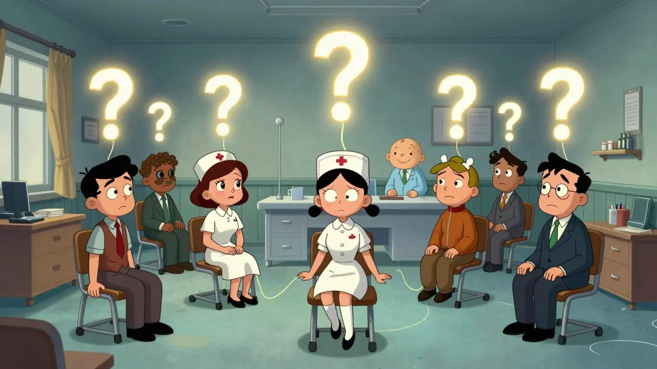 Tři lidé z různých povolání se dívají na tajemný otazník, který je spojuje.