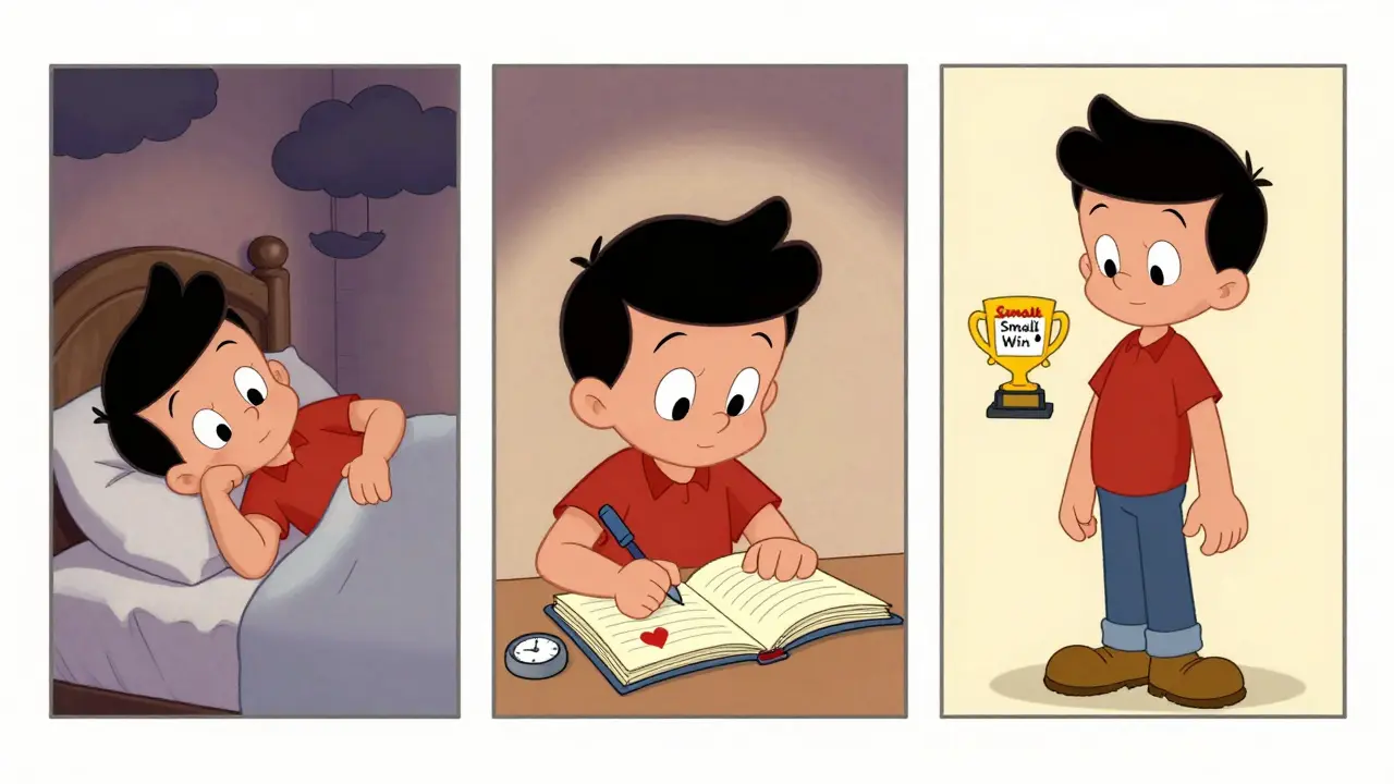 Tři scény osoby od únavy k malému úspěchu v terapii.