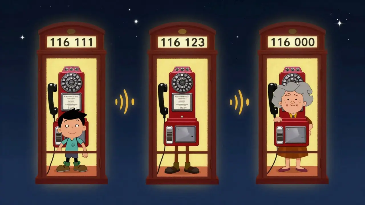 Tři telefonní stanice v noční obloze s čísly 116 111, 116 123 a 116 000.