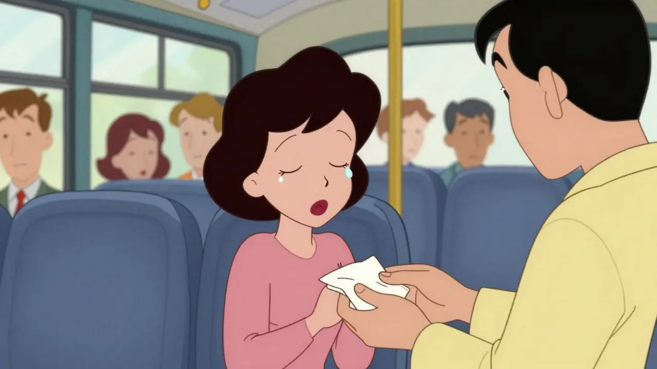 Žena v autobuse se schovává v rohu, zatímco neznámá osoba jí tiše nabízí kapesník.