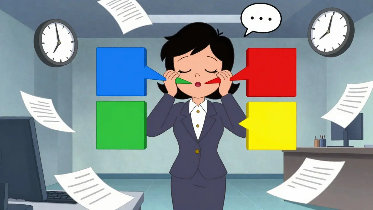 Žena v kanceláři dýchá v rytmu čtyř barevných bloků, kolem ní chaos.