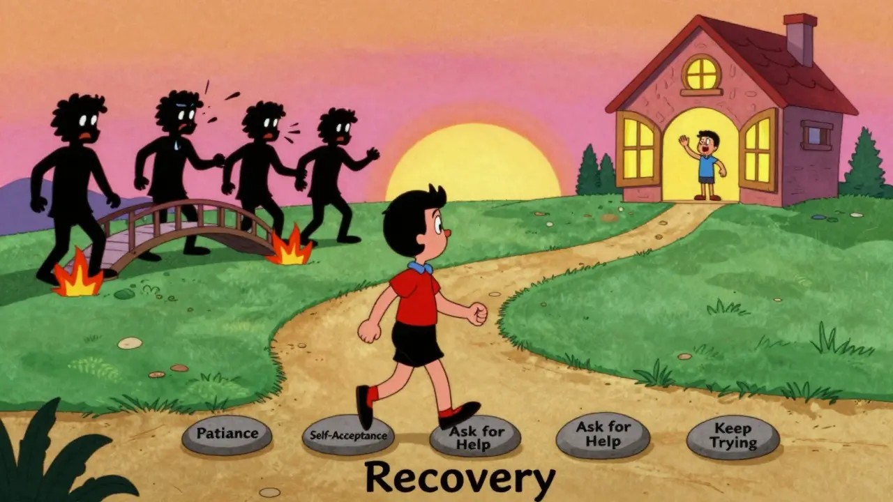 Cesta k uzdravení s kameny podporujícími přijetí a domovem v dálce.