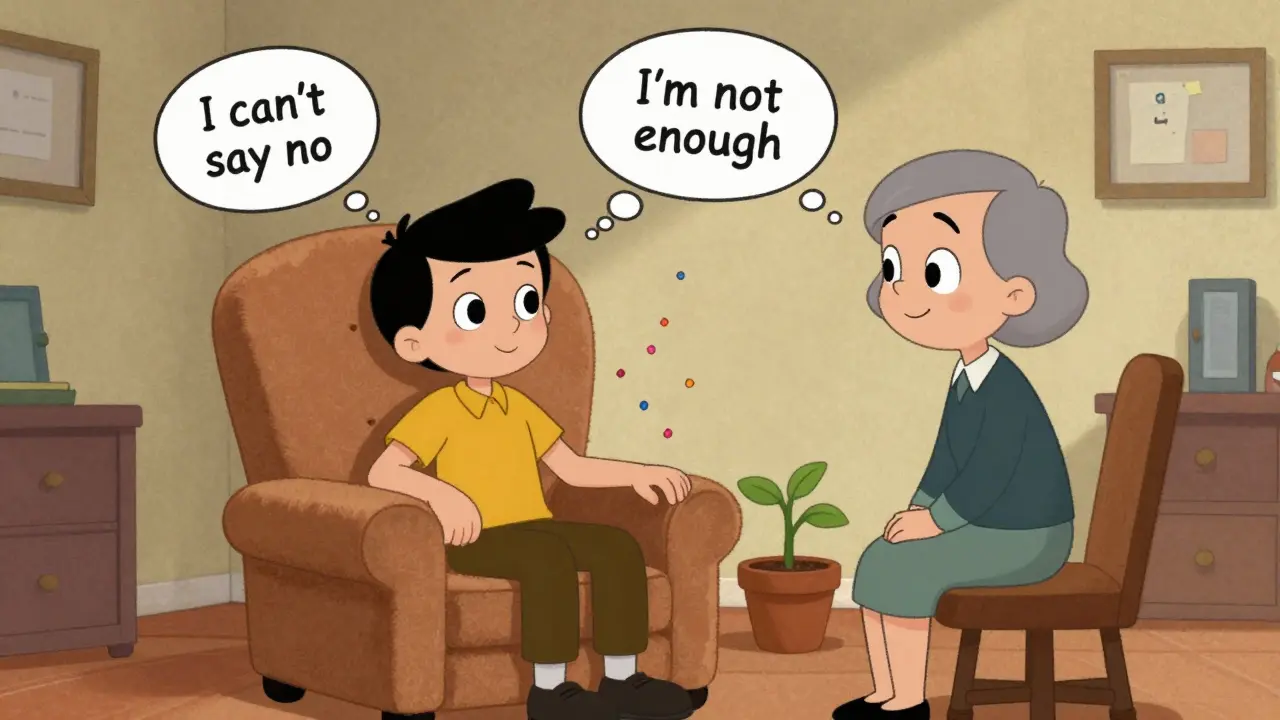 Člověk hovoří s terapeutem v klidné místnosti, myšlenky se mění.