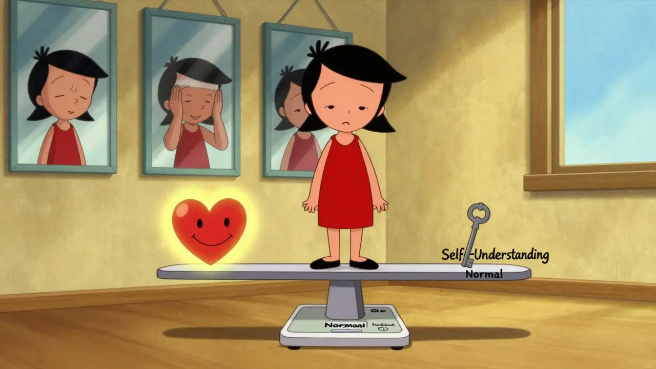 Člověk stojí na váze, která ukazuje emocionální váhu jako srdce a klíč.