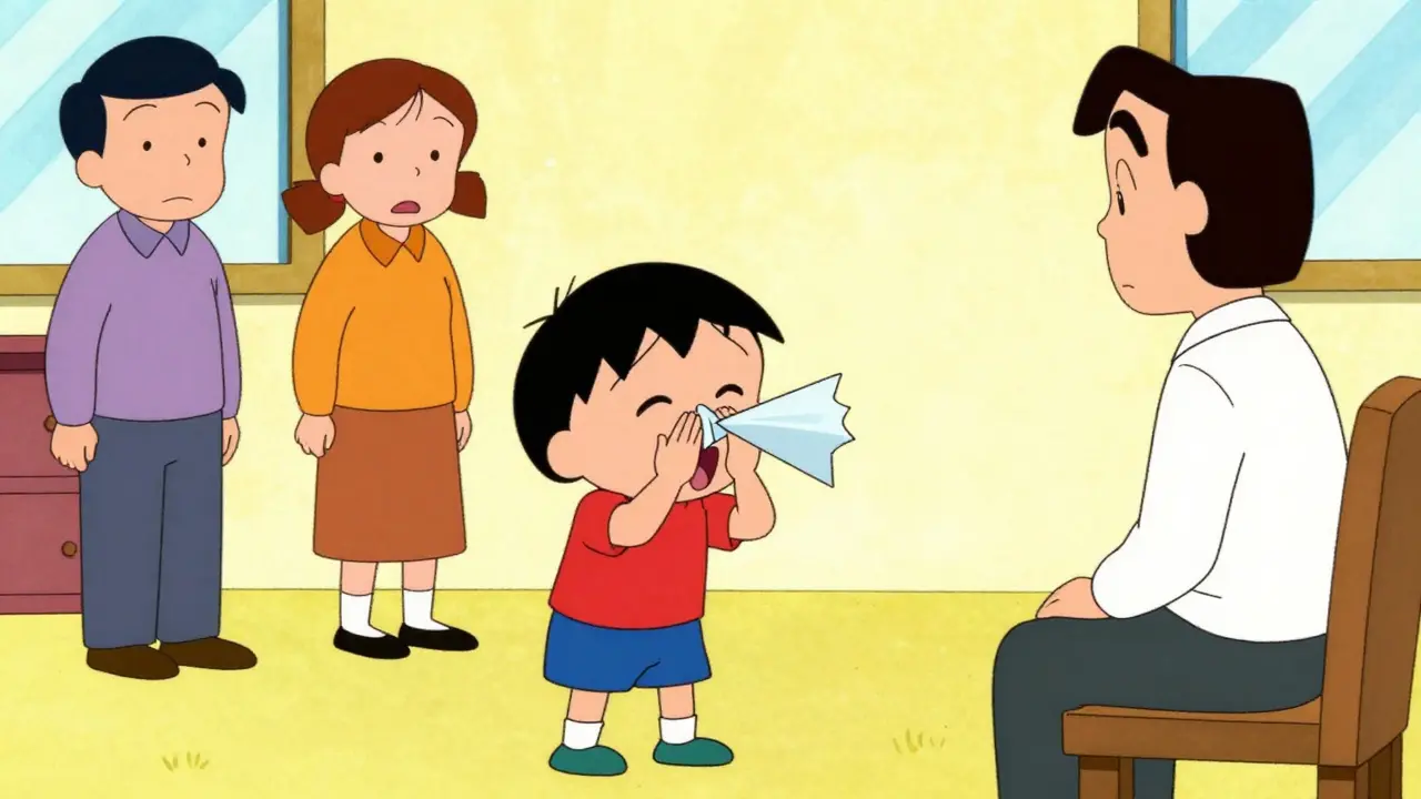 Dítě s alergií a rodiče v konfliktu, terapeut pomáhá řešit vztahy.