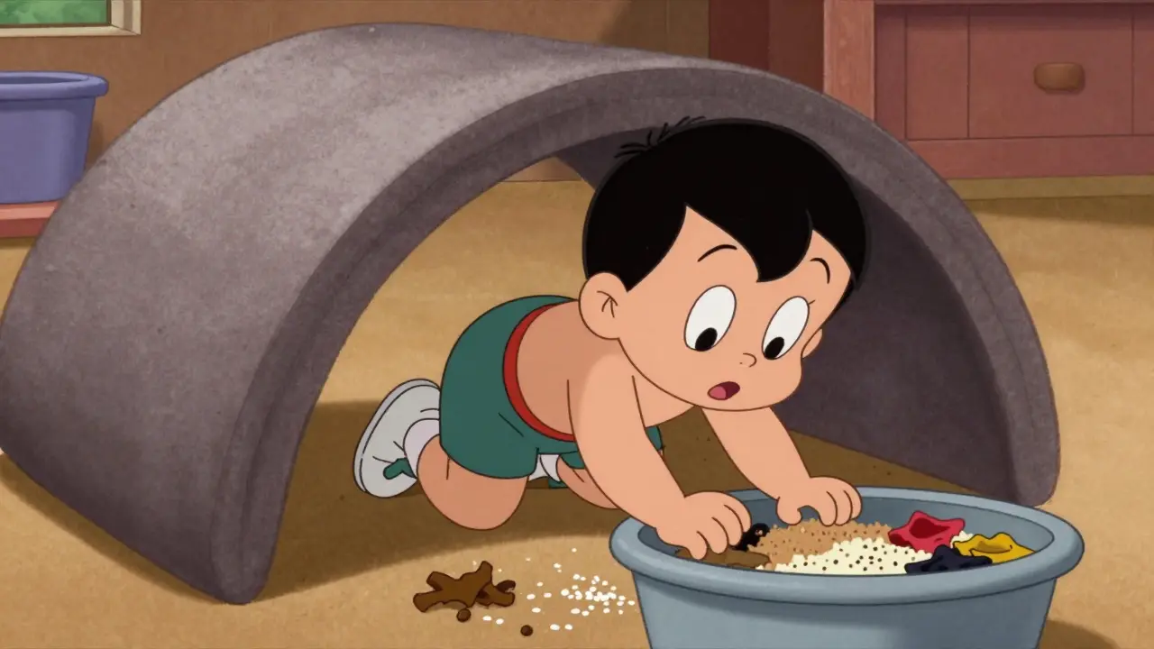 Dítě se plazí pod pěnovými trubkami a hraje si s texturovanými materiály.