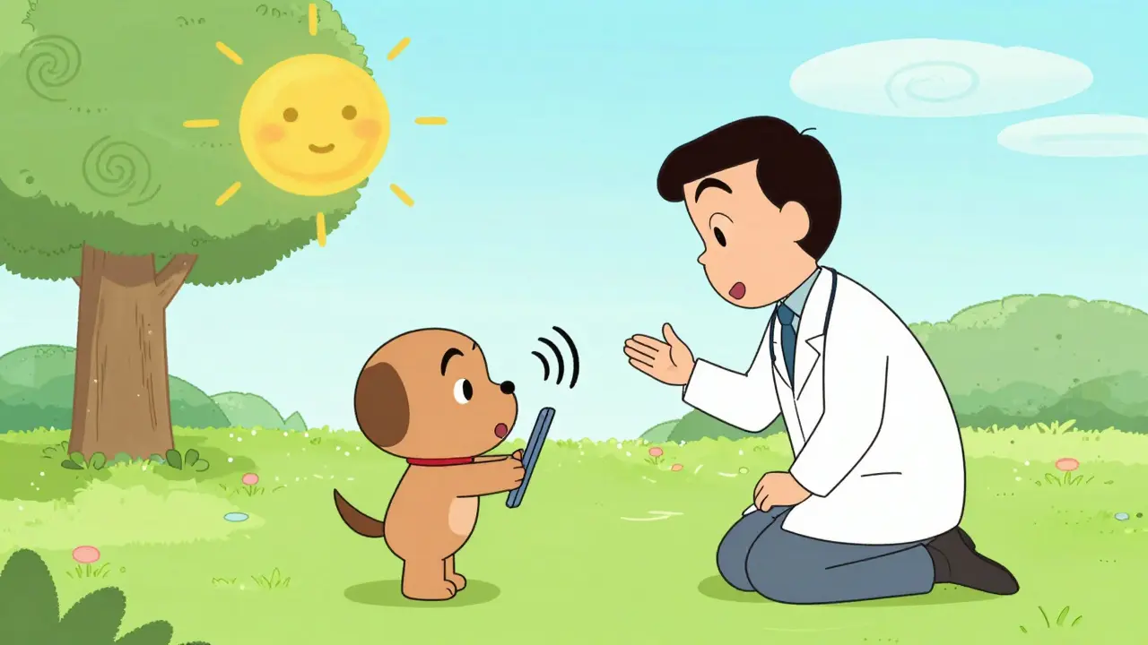 Dítě se přibližuje k psu s tabletou, terapeut ho podporuje v parku.