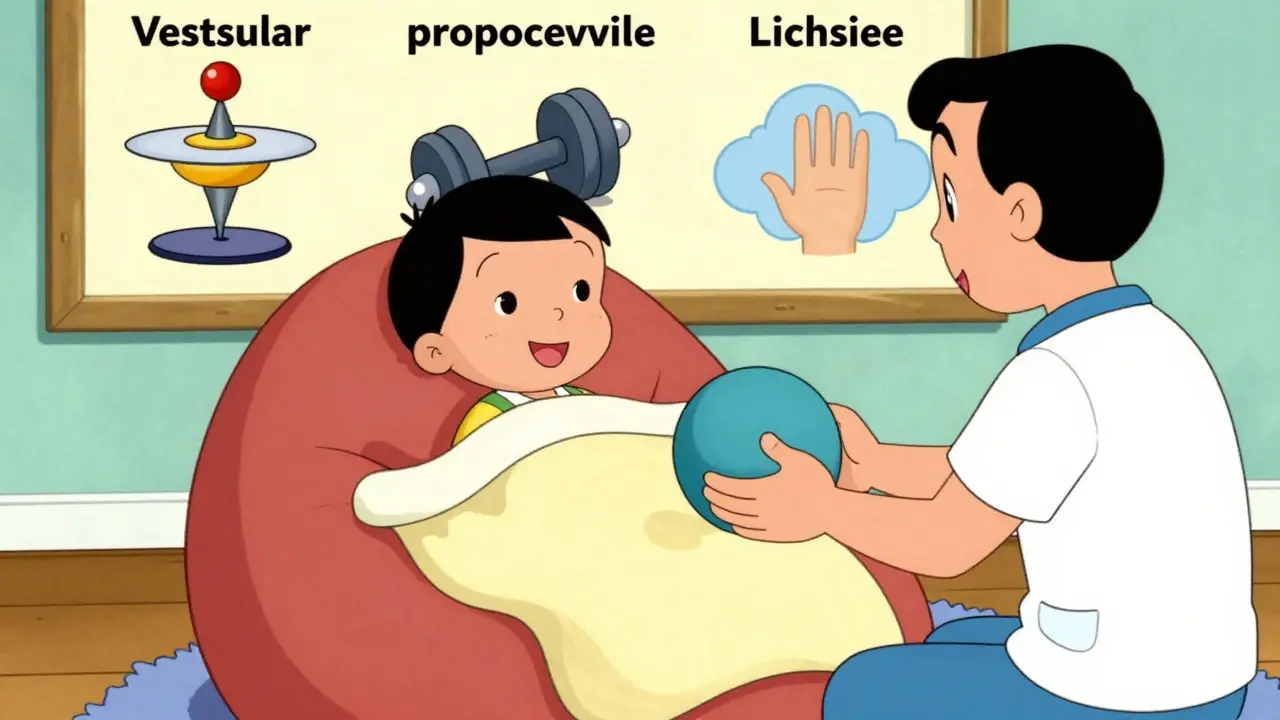 Dítě sedí pod těžkou dekou, terapeut mu pomáhá tlačit míček do ruky.