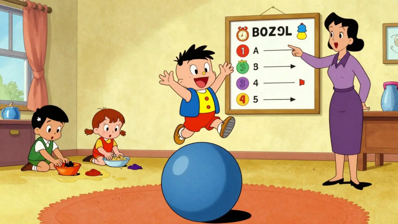 Dítě skáče na velkém míči ve třídě s vestou a vizuálním rozvrhem na zdi.