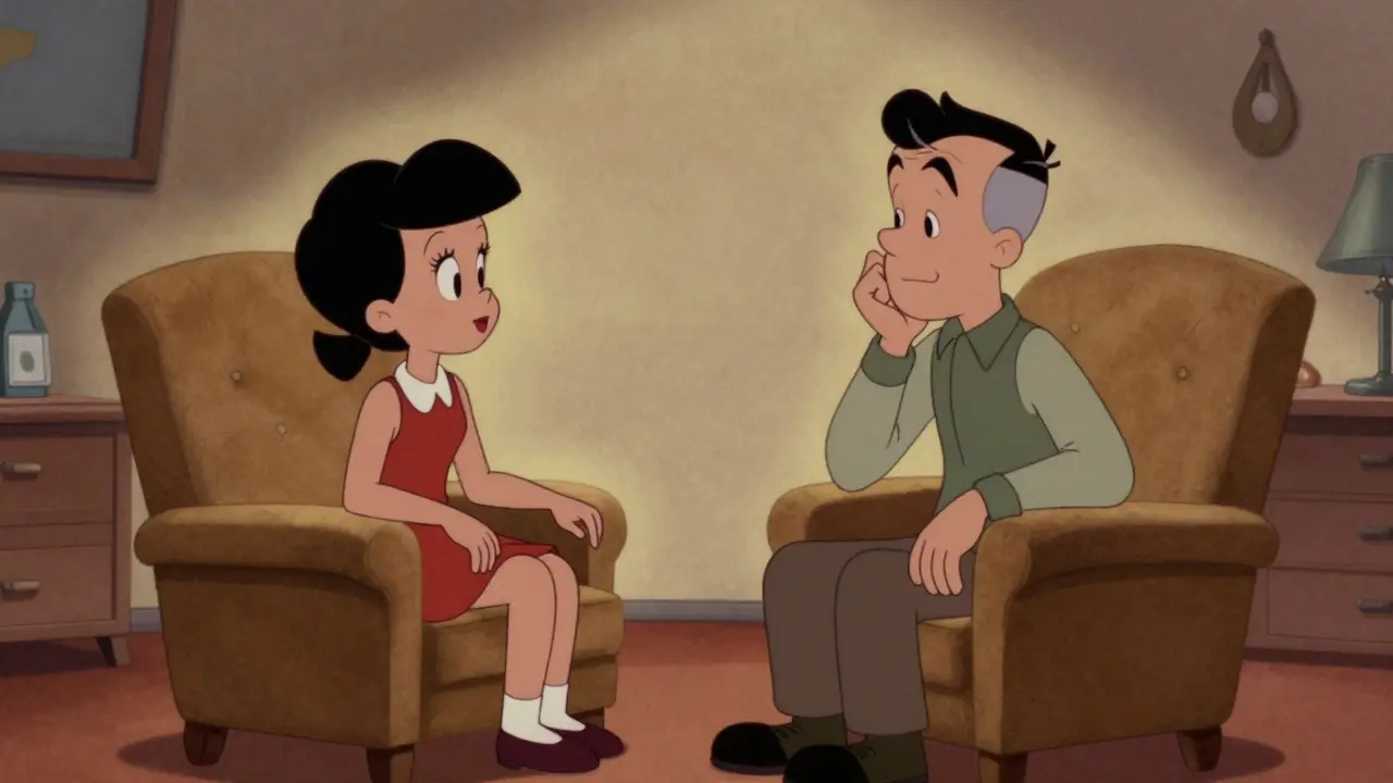 Dva lidé se setkávají v terapeutické kanceláři, komunikují tváří v tvář s důvěrou a empatií.