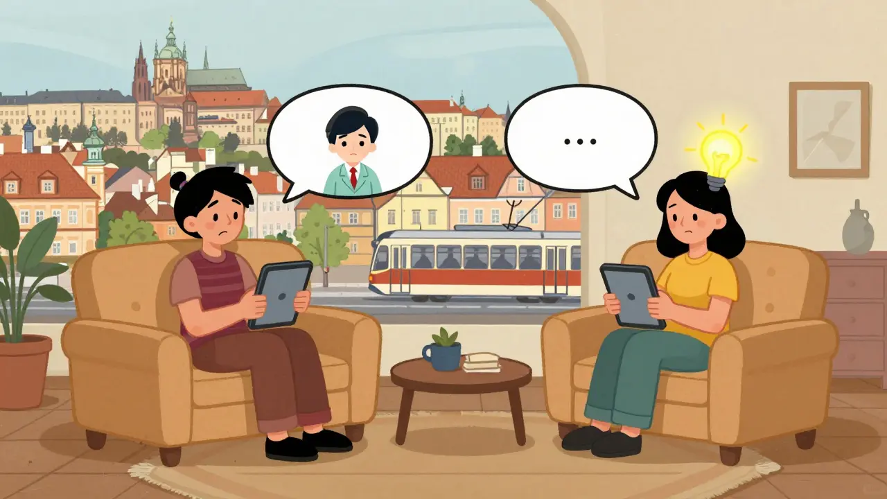 Dva partneři v různých městech Česka spolu komunikují přes online terapii, spojení symbolizuje vodítko mezi obrazovkami.