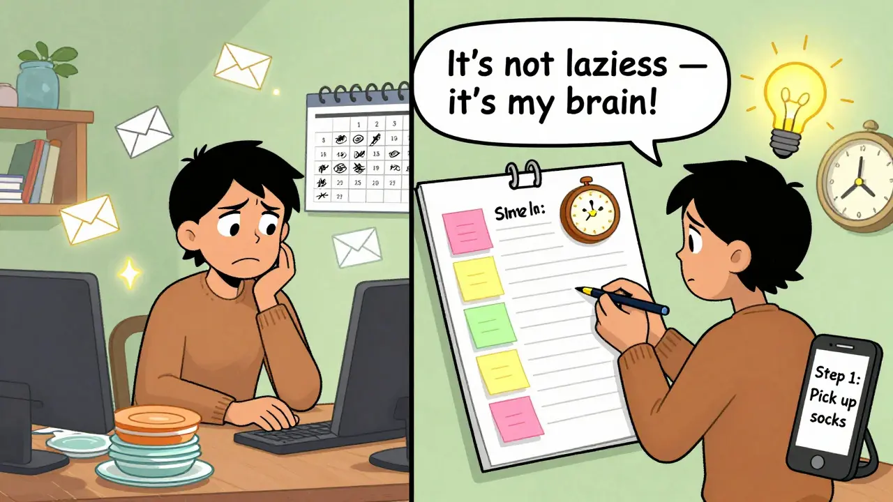 Dva scény: chaos domácnosti vlevo a uspořádaný plán vpravo, s nápovědným textem o ADHD ne jako línosti.