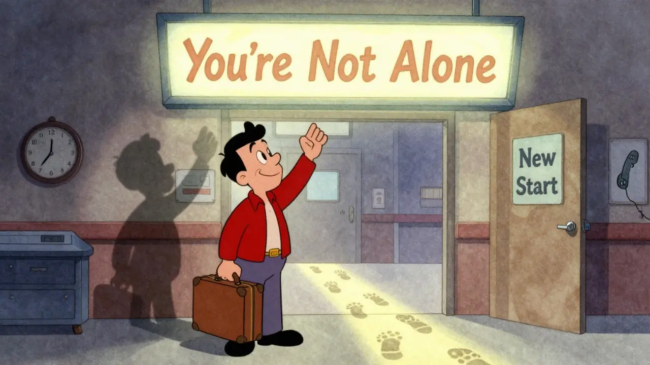 Muž stojí před nemocnicí, za ním mizí stíny trauma, před ním svítí cesta k novému začátku s nápisem 'Nejsi sám'.