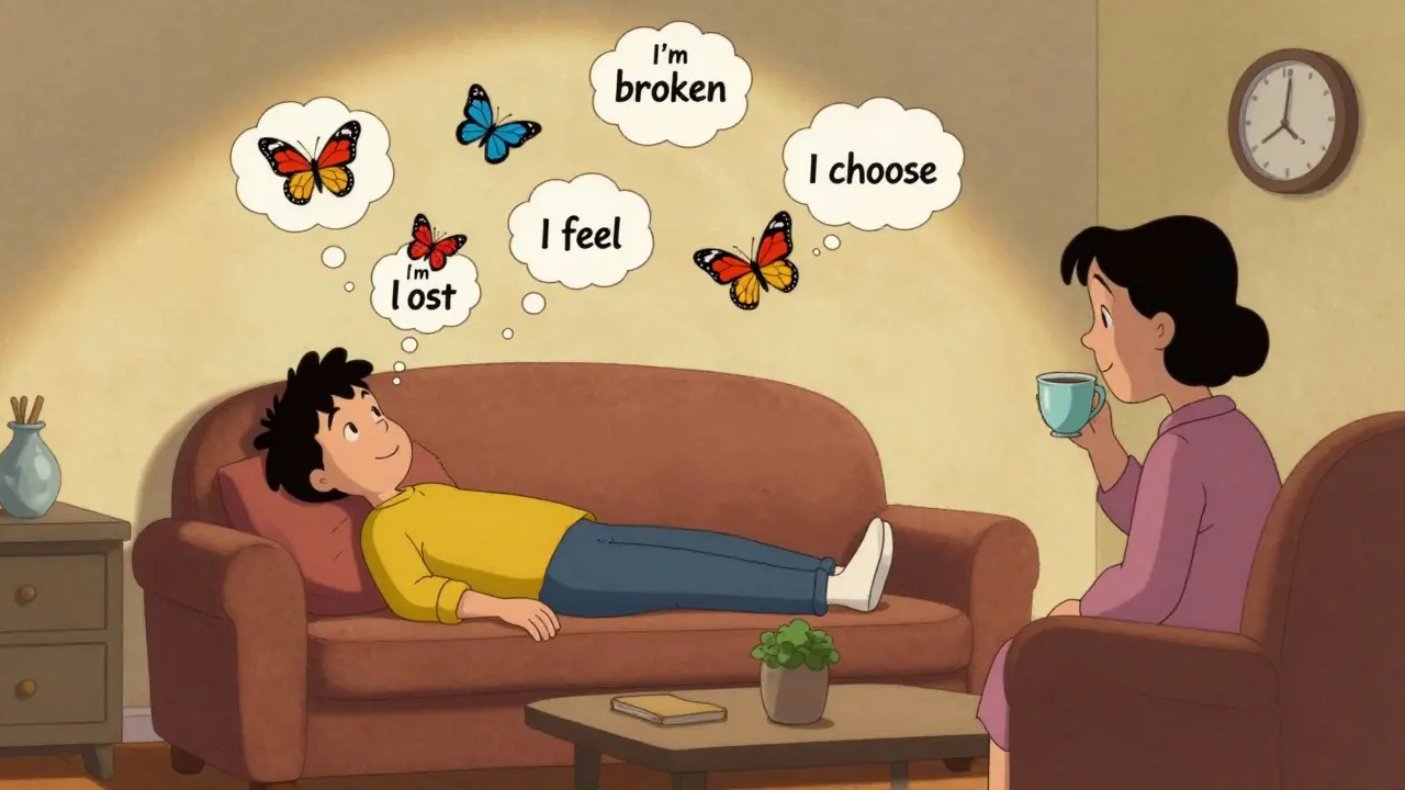 Osoba plave v terapeutickém křesle, myšlenky se mění v motýly, terapeut se usmívá, čas se zpomaluje.