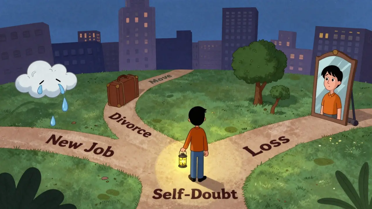 Osoba stojí na křižovatce s pěti cestami, drží laternu s nápisem 'Hodnoty', kolem ní stylizované překážky.