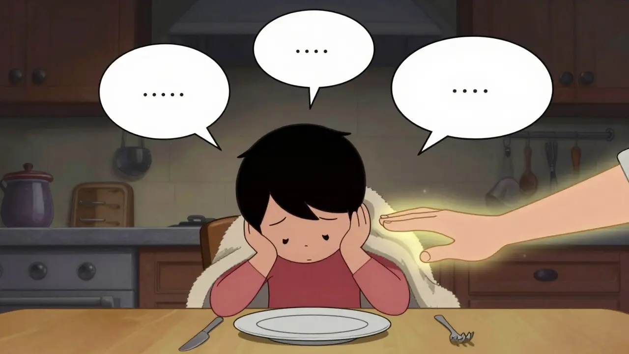 Osoba u stolu s prázdným talířem, temná mrak nad ní, jemná ruka klade plátno.