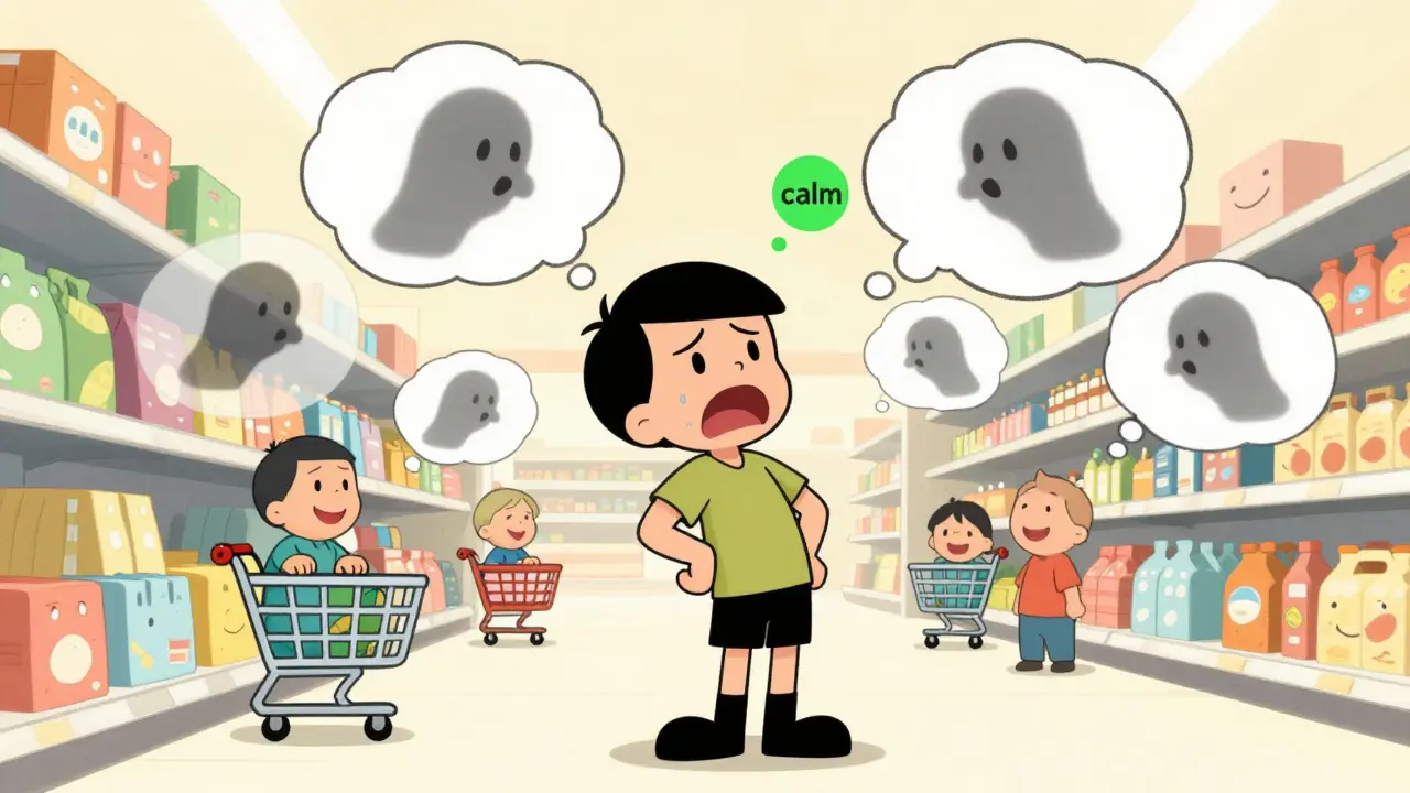 Osoba v supermarketu dýchá hluboce, zatímco těžké vzpomínky mizí kolem ní.