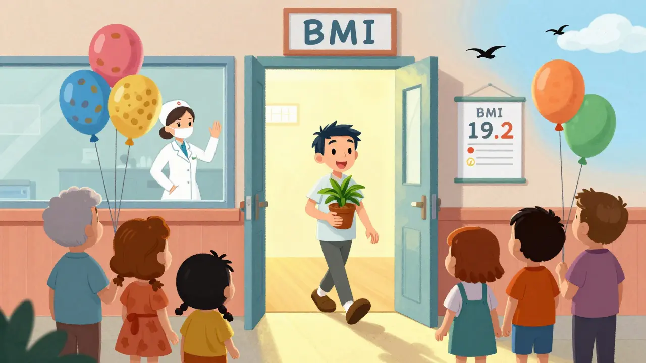 Pacientka opouští nemocnici s rodinou, značka BMI 19,2 ukazuje pokrok.