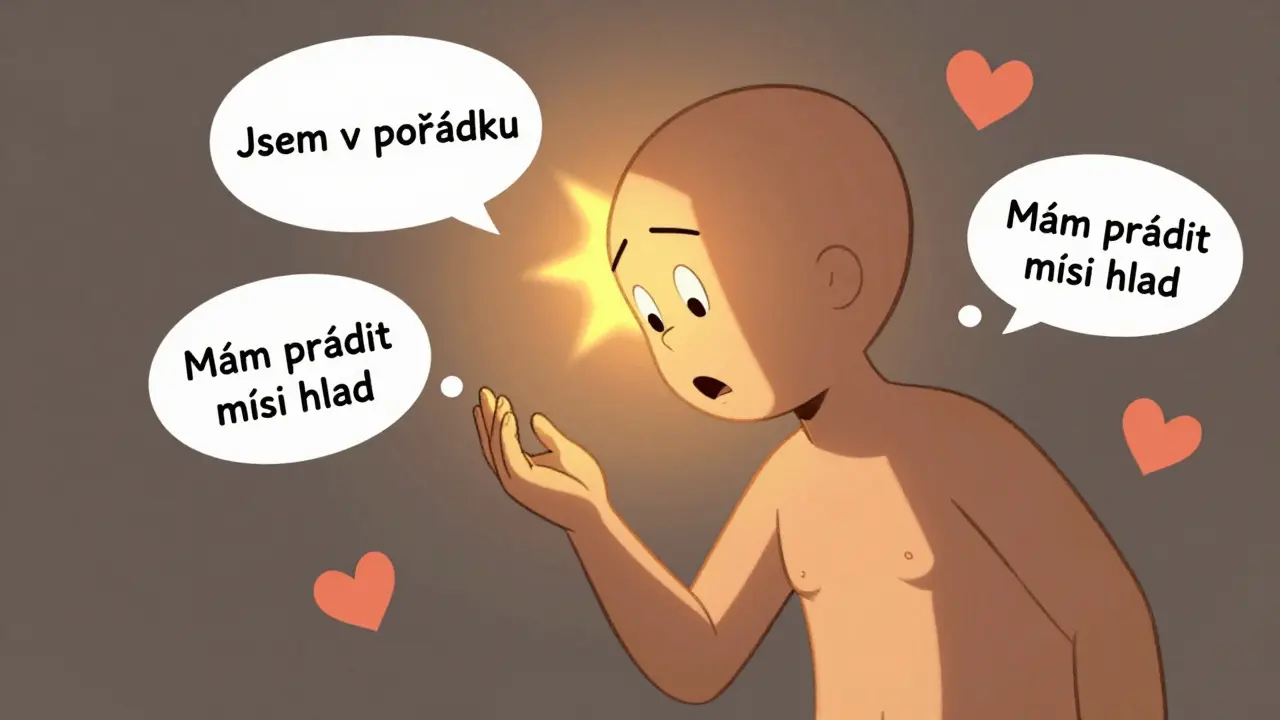 Postava se dotýká ruky, její tělo se mění z ostrého na měkký tvar s pozitivními myšlenkami.