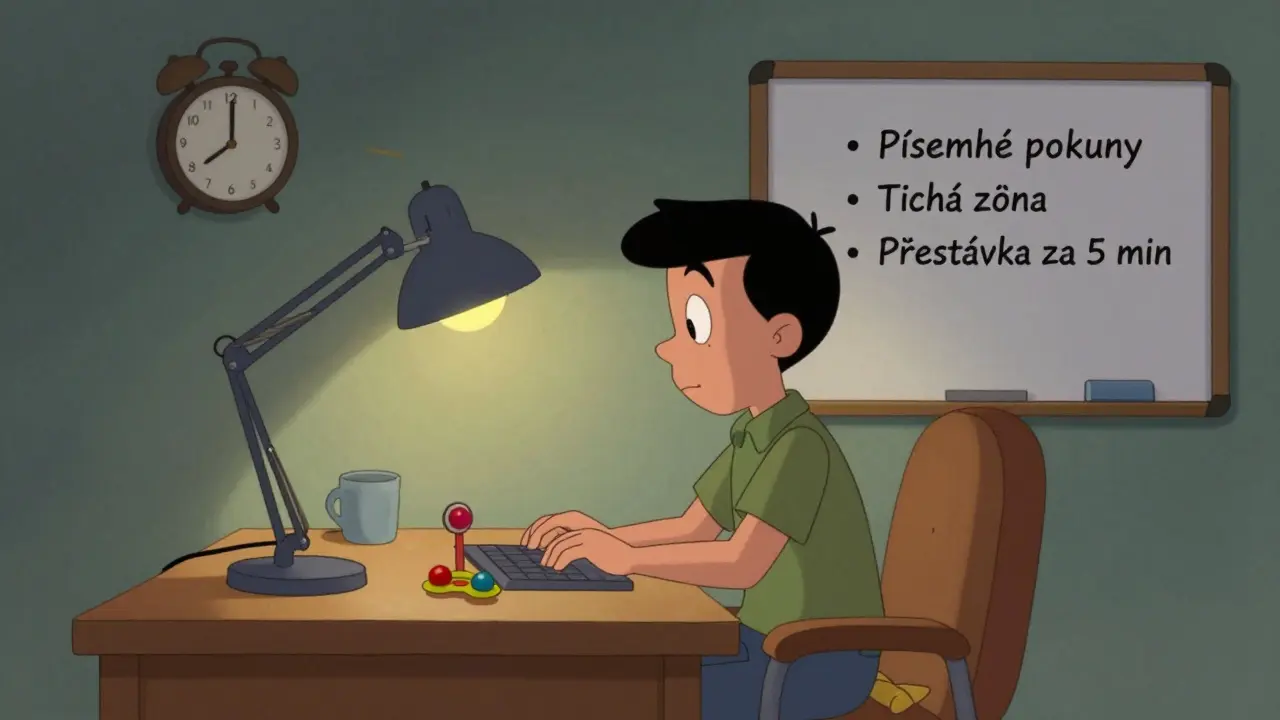 Pracovní místo s individuálním osvětlením, fidgetem a písemnými připomínkami pro lepší koncentraci.