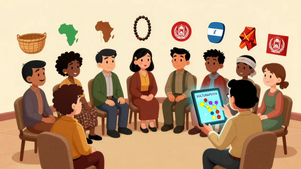 Různorodí klienti a terapeut společně používají digitální nástroj, který mapuje kulturní hodnoty v animovaném tvaru.