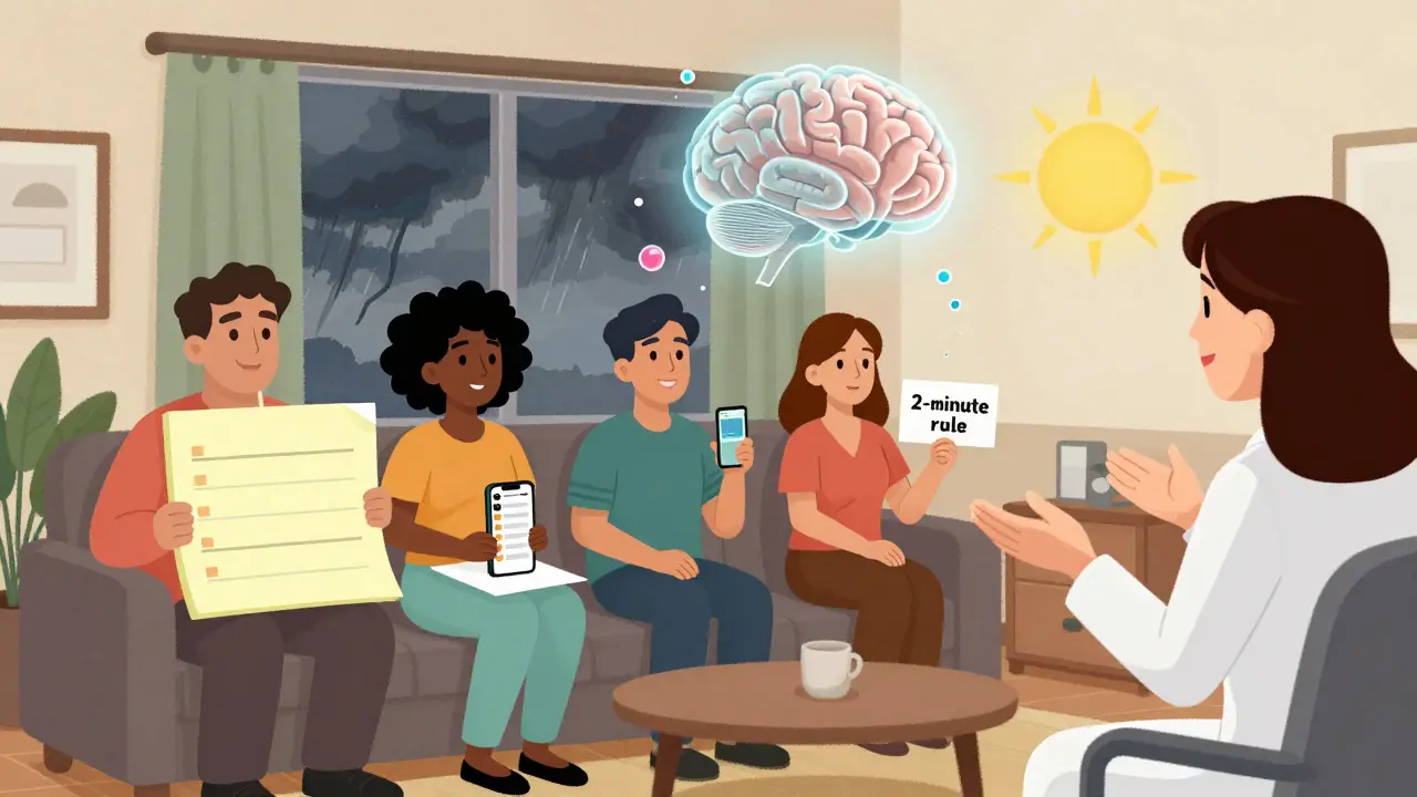 Skupina dospělých v terapii s vizuálními pomůckami, nad nimi průhledný mozek s dopaminem, symbolizující regulační pokrok.