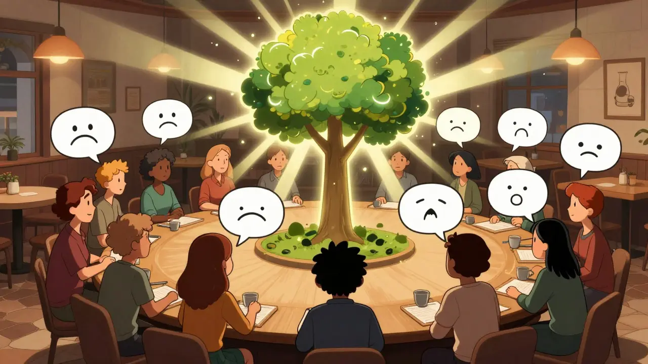 Skupina lidí v baru se spojuje světelnými linkami, když sdílí své emoce, v stylu Hanna-Barbera.