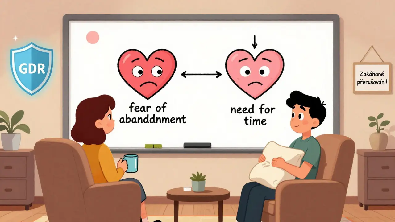 Terapeut vede páru přes digitální tabuli s emocionálními mapami během online sezení, oba partneři pozorně naslouchají.